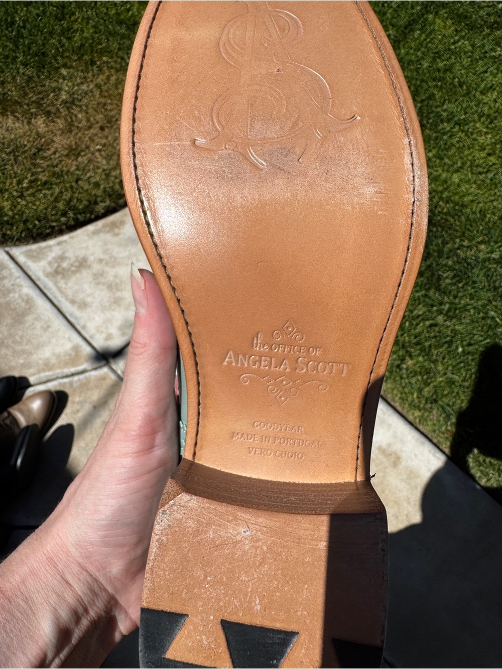 OFFICE OF ANGELA SCOTT Sage Green Leather Slip-On Dress Shoes - Picture 10 of 10